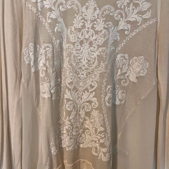 MNK Tunic M Cream Sheer Long Sleeve White Floral Applique Cottagecore Bohochic - Picture 5 of 7